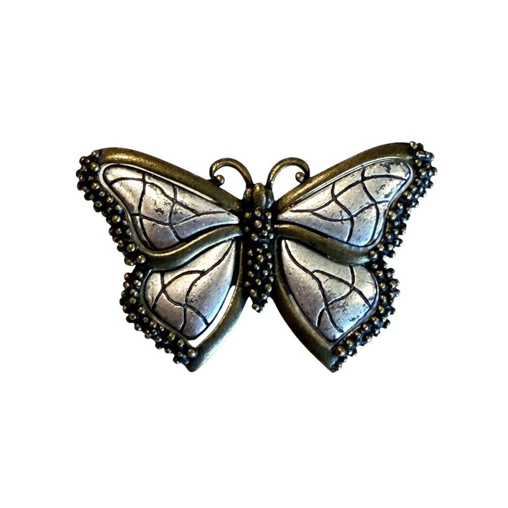Vintage TC Butterfly Brooch Pin 2" Intricate Detailing Silver Bronze Tones - Picture 2 of 4